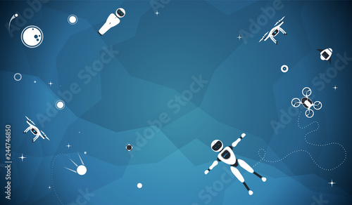 Modern robotic set vector illustration with stylish robot, drone, autonomous vehicle, flying car