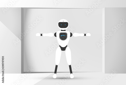Modern robotic vector illustration with stylish humanoid robot in the room