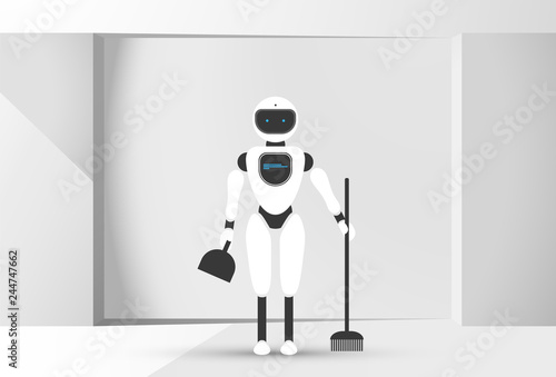 Modern robotic vector illustration with stylish humanoid robot in the room