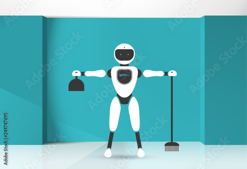 Modern robotic vector illustration with stylish humanoid robot in the room