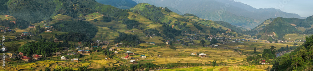 Beautiful Panorama Top view of growing golden paddy rice field in Tavan local village with fansipan mountain and cloudy sky in background, Sapa, Laocai , Northwest of Vietnam