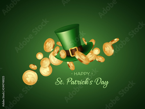 St. Patricks Day greeting holiday design. 3d green falling leprechaun hat with coins. Realistic vector illustration.