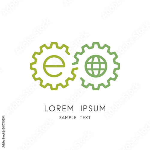 Evolution and ecology logo - couple of pinions with e letter and planet earth or globe symbol. Environment and ecosystem  industry and gear toothing vector icon.
