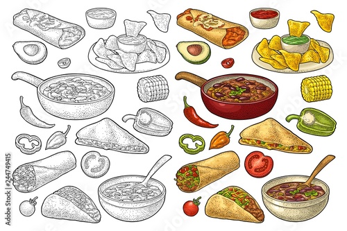 Mexican traditional food set with Guacamole, Enchilada, Burrito, Tacos, Nachos
