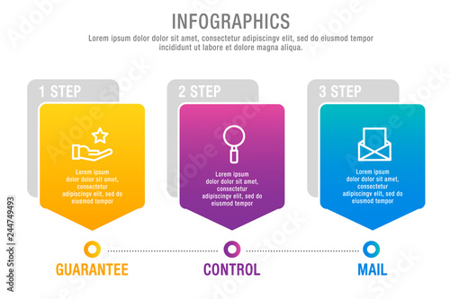 Modern 3D vector illustration. Pentagon step lable infographic template with three elements and icons. Designed for business, presentations, marketing, websites, workflow layout, 3-step diagrams