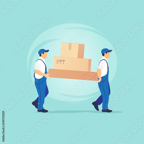 Delivery service and moving. Men in uniform with boxs. Vector illustration.