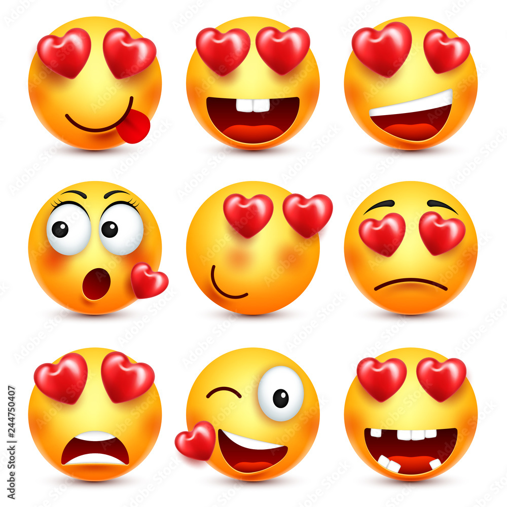 Smiley Emoji With Red Heart Vector Set. Valentines Day Yellow Cartoon  Emoticons Face. Love Feeling Expression. Stock Vector | Adobe Stock