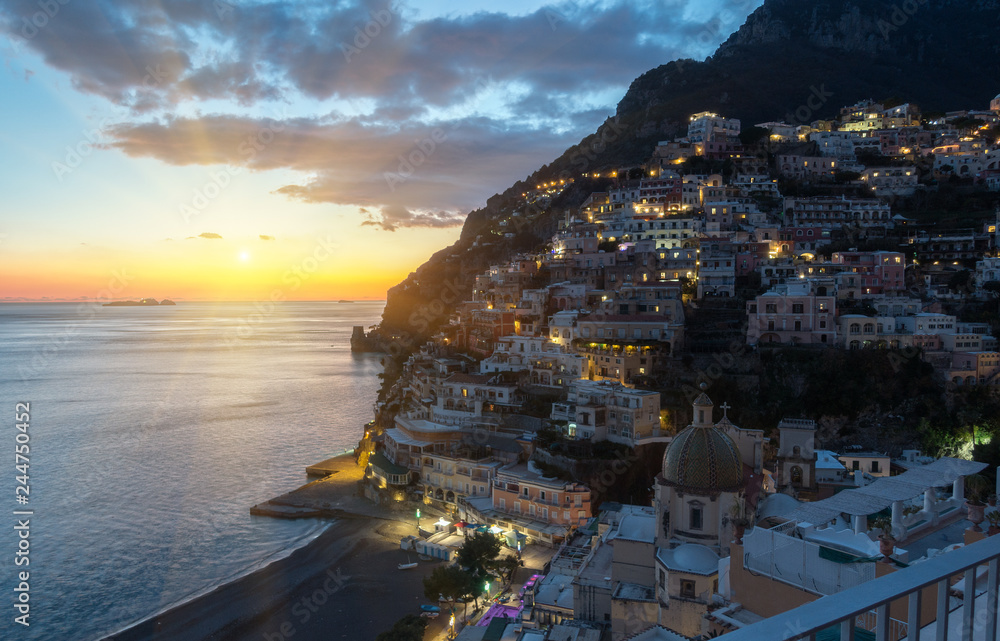 Positano sunset view, Amalfi Coast, Italy.