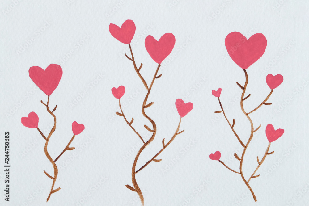 Abstract heart shape, watercolor love flower tree background for valentine concepts, Illustration, a hand draw . Isolated on white background