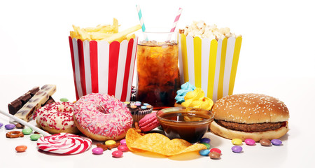 Unhealthy products. food bad for figure, skin, heart and teeth.