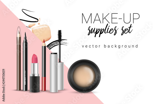 Vector make-up themed poster template with cosmetic supplies and stains and smears with space for your text