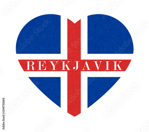 Reykjavik, textured background of Iceland flag in heart. Isolated Icelandic banner with scratched texture, grunge. Flat style, vector illustration with noise, marble backdrop.