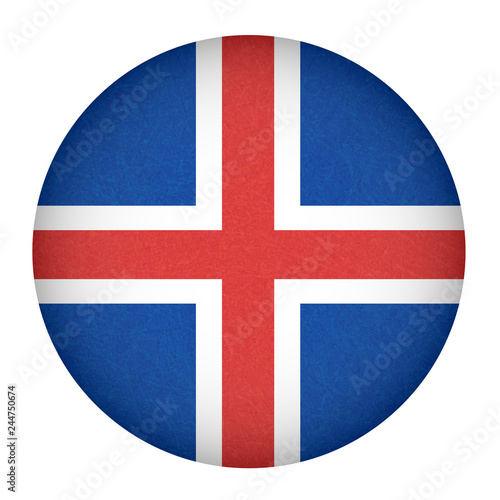 Iceland flag in circle shape. Isolated button of icelandic banner with scratched texture, grunge. Flat style, vector illustration with noise, marble textured background. Horizontal orientation.