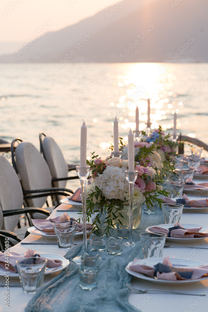 Fototapeta premium beautifully decorated table with flowers for wedding dinner