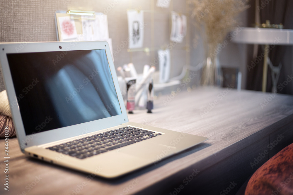 blank laptop on wood table in lady room blank laptop on wood table in lady room