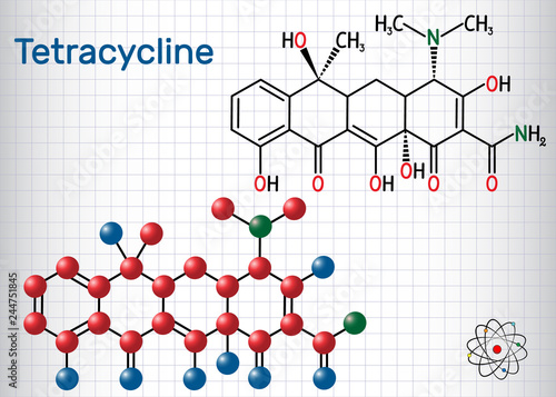 Tetracycline antibiotic drug molecule. Structural chemical formula and molecule model. Sheet of paper in a cage