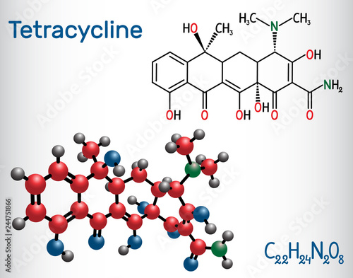 Tetracycline antibiotic drug molecule. Structural chemical formula and molecule model