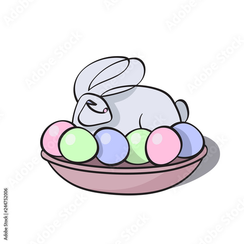 Rabbit sitting in a basket with Easter eggs. Picture isolated on white background. Multi-colored vector illustration. EPS10