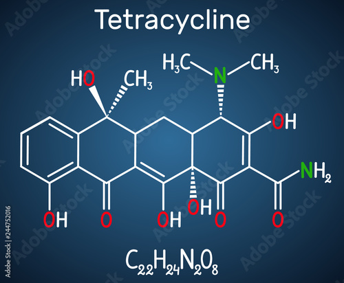 Tetracycline antibiotic drug molecule. Structural chemical formula on the dark blue background