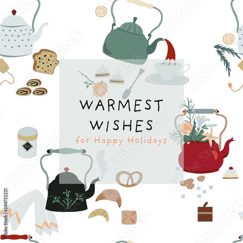 Tea time. Teakettles, pastry and flowers. Seamless vector pattern or background. Warmest wishes greeting card.
 photo