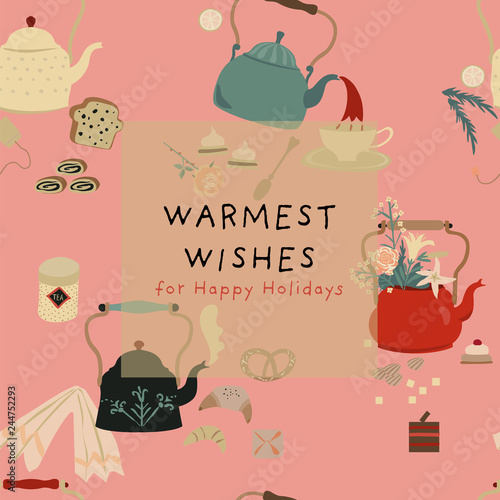 Tea time. Teakettles, pastry and flowers. Seamless vector pattern or background. Warmest wishes greeting card.
 photo