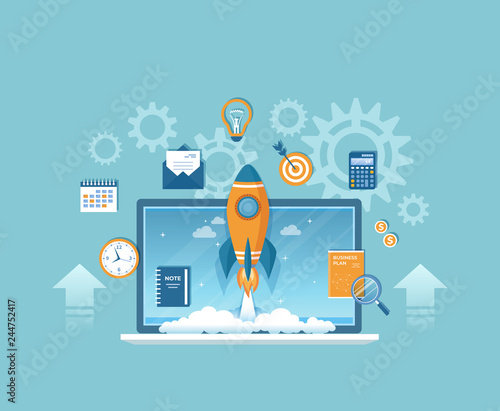 Business project startup, financial planning, idea, strategy, management, realization and success.Rocket launch from laptop monitor, business plan, mail, calculator, target, hourglass, calendar Vector