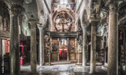 Colorful interior of 13th centrury byzantine St Demetrios church of the Metropolis  at Mystras  Peloponnese  Greece.