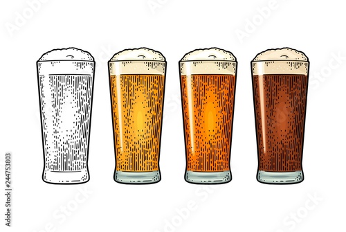 Glass with different types beer - lager, ale, stout. Vintage color engraving
