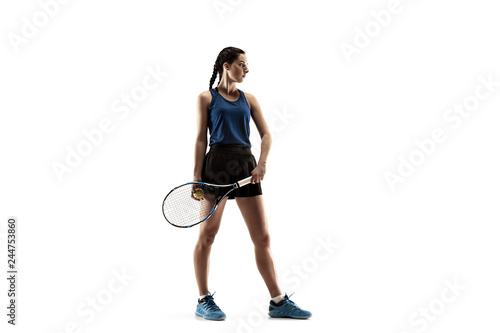 Full length portrait of young woman playing tennis isolated on white background. Healthy lifestyle. The practicing, fitness, sport, exercise concept. The female model in motion or movement