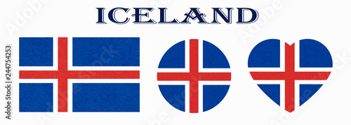 Iceland flag in different shapes. Icelandic banners with scratched texture, grunge. Flat style, vector illustration with noise, marble textured background. Horizontal orientation. Isolated. 