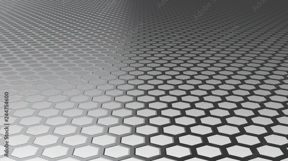 Gray metallic honeycomb texture in perspective on gray background. 3D render