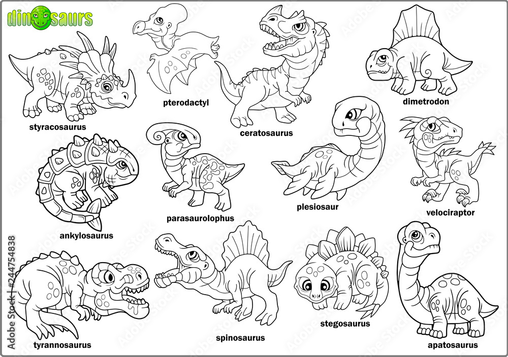 Динозавры картинки для детей распечатать cute cartoon prehistoric dinosaurs, coloring book, set of images Векторный объек