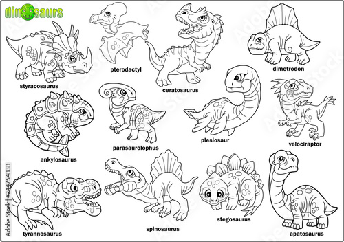 Fototapeta Naklejka Na Ścianę i Meble -  cute cartoon prehistoric dinosaurs, coloring book, set of images