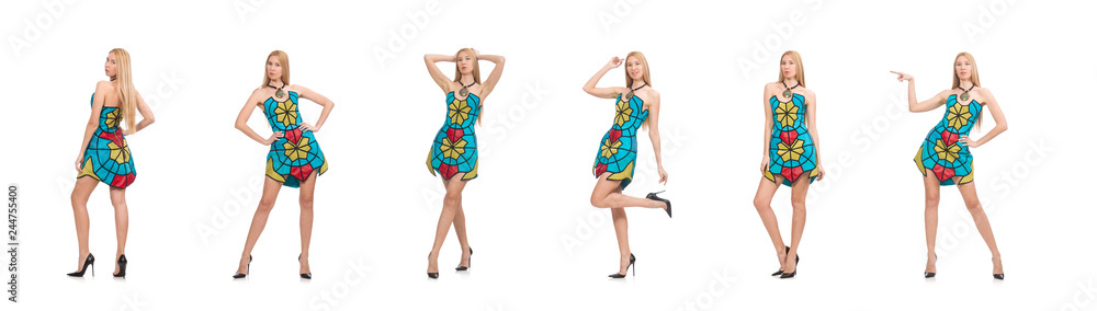 Woman in vivid strapless dress isolated on white Woman in vivid strapless dress isolated on white