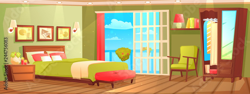 Bedroom interior with a bed, nightstand, wardrobe and window and plant. 