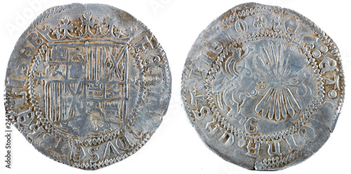 Ancient Spanish silver coin of the Kings Fernando e Isabel. Catholic kings. Coined in Granada. Real.