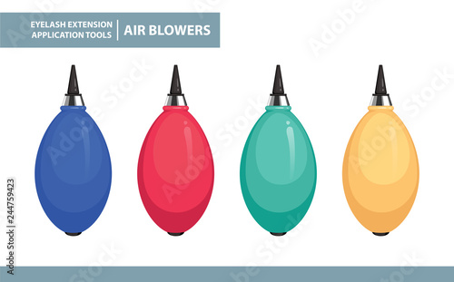 Eyelash Extension Application Tools and Supplies. Air Blowers isolated on white background. Tools for Makeup and Cosmetic Procedures in beauty salon. Training poster. Guide