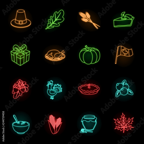 Canada Thanksgiving Day neon icons in set collection for design. Canada and Tradition vector symbol stock web illustration.