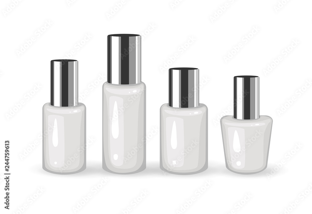 Set of Realistic Empty Plastic Containers with Silver Cap on white background. Cosmetic Vials. Liquid containers. Cosmetic Package Collection. Vector Mockup Illustration for your Design Set of Realistic Empty Plastic Containers with Silver Cap on white background. Cosmetic Vials. Liquid containers. Cosmetic Package Collection. Vector Mockup Illustration for your Design