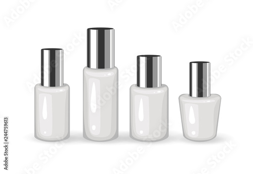 Set of Realistic Empty Plastic Containers with Silver Cap on white background. Cosmetic Vials. Liquid containers. Cosmetic Package Collection. Vector  Mockup Illustration for your Design