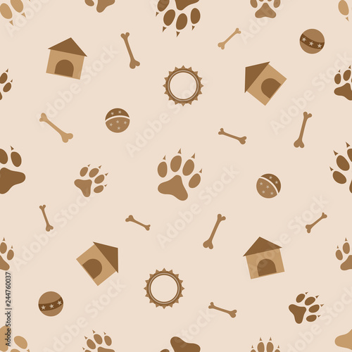 Seamless pattern with dog paw, kennel, play ball and collar.