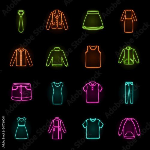 Different kinds of clothes neon icons in set collection for design. Clothes and style vector symbol stock web illustration.