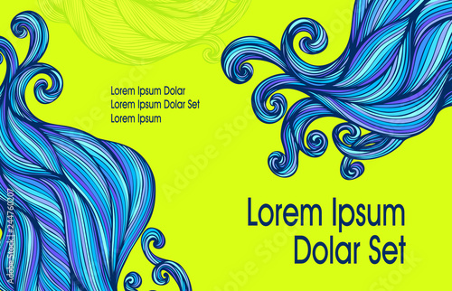 Visit card or template flyer banner with Abstract blue hairs waves on light green