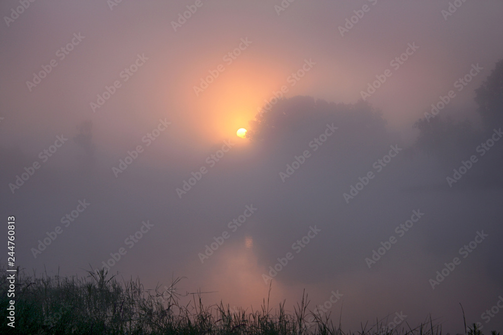 The sun rises early in the morning in the fog The sun rises early in the morning in the fog