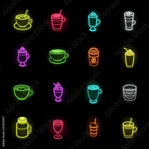Different kinds of coffee neon icons in set collection for design. Coffee drink vector symbol stock web illustration.