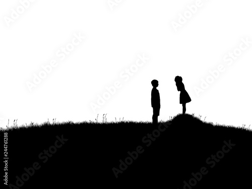 silhouette of man and woman over grass and hill isolated and white backgrounds, romantic valentine