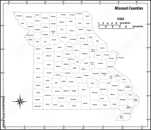 Missouri state outline, administrative and political vector map in black and white