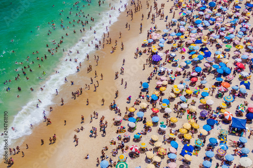 Rio de Janeiro, Brazil, Aerial View of Copacabana Beach Showing Colourful Umbrellas and People Bathing in the Ocean on a Summer Day, Tropical Vacation and Travel Concept