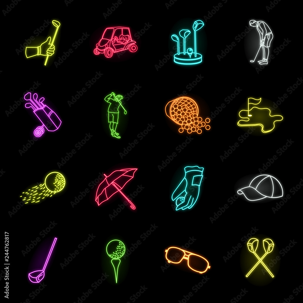 Golf and attributes neon icons in set collection for design.Golf Club and equipment vector symbol stock web illustration. Golf and attributes neon icons in set collection for design.Golf Club and equipment vector symbol stock web illustration.