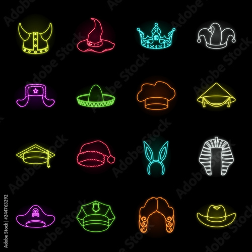 Different kinds of hats neon icons in set collection for design.Headdress vector symbol stock web illustration.